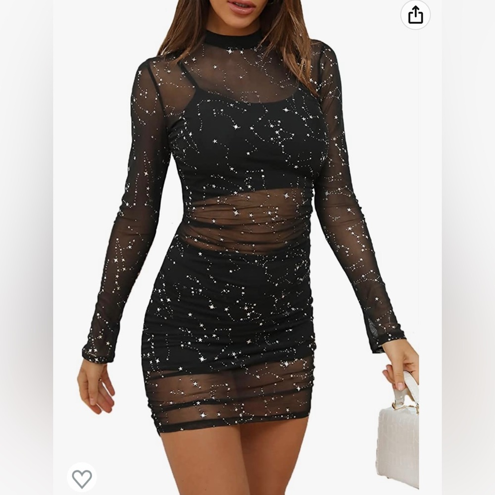 LYANER Women's Mesh Dress Long Sleeve Bodycon 3 Piece Outfits with Cami Shorts